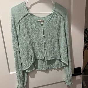 Amuse Society Blue Green Asymmetrical Smocked Blouse